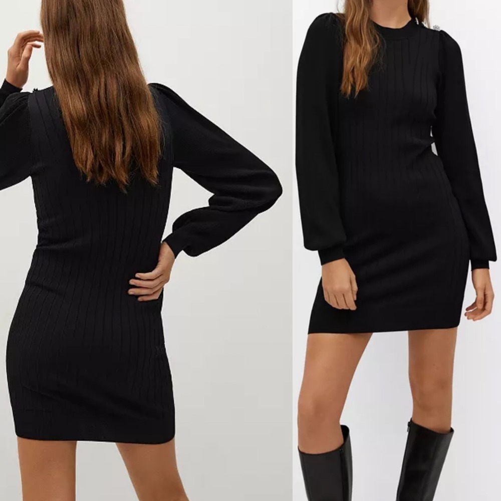 Mango Sweater Dress Small‎ Mini Balloon Sleeve Black